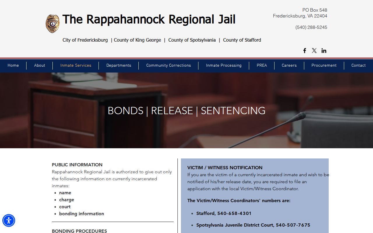 Rappahannock Regional Jail King George County release and sentencing information